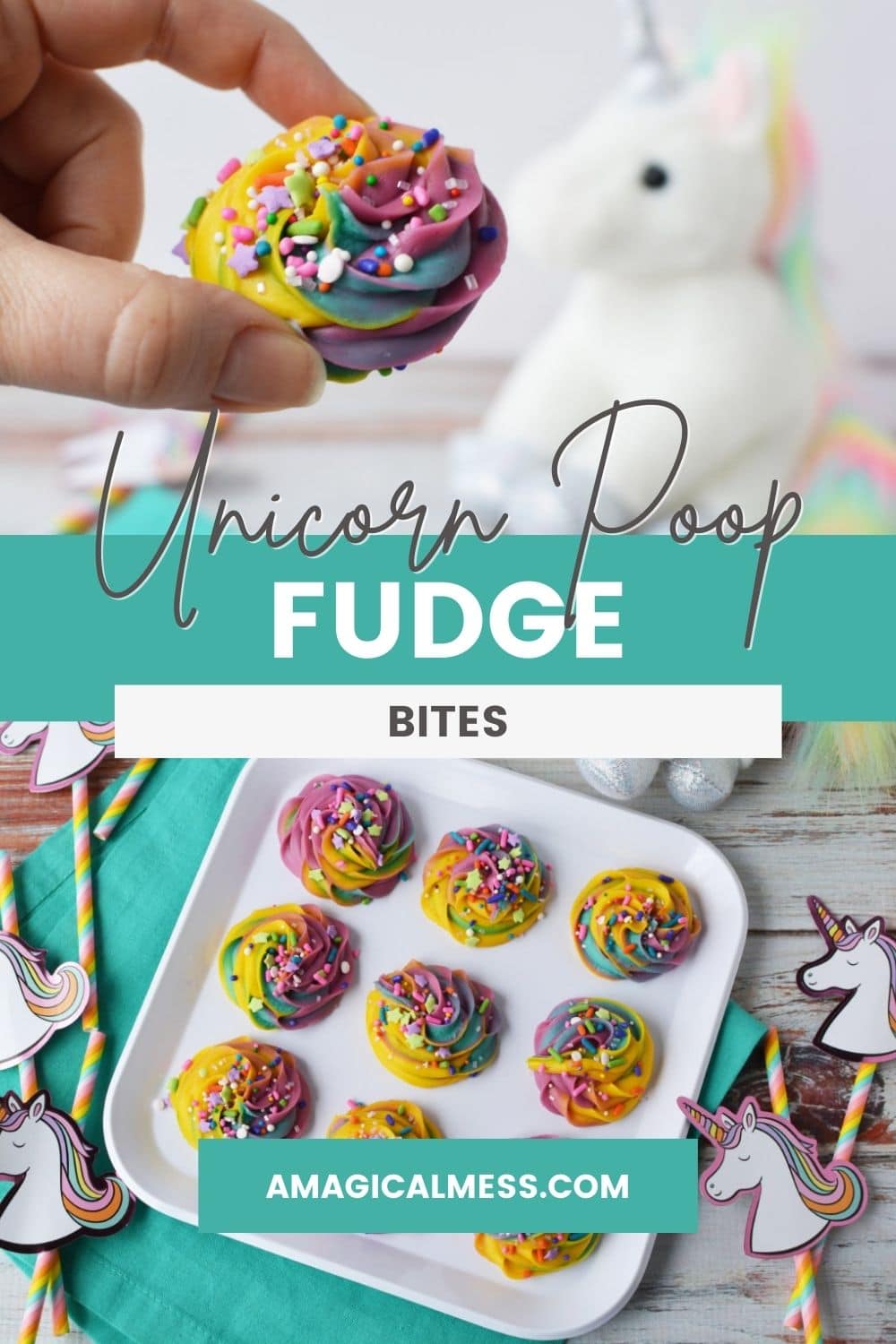 Holding a piece of unicorn poop fudge and the rest of it on a plate.