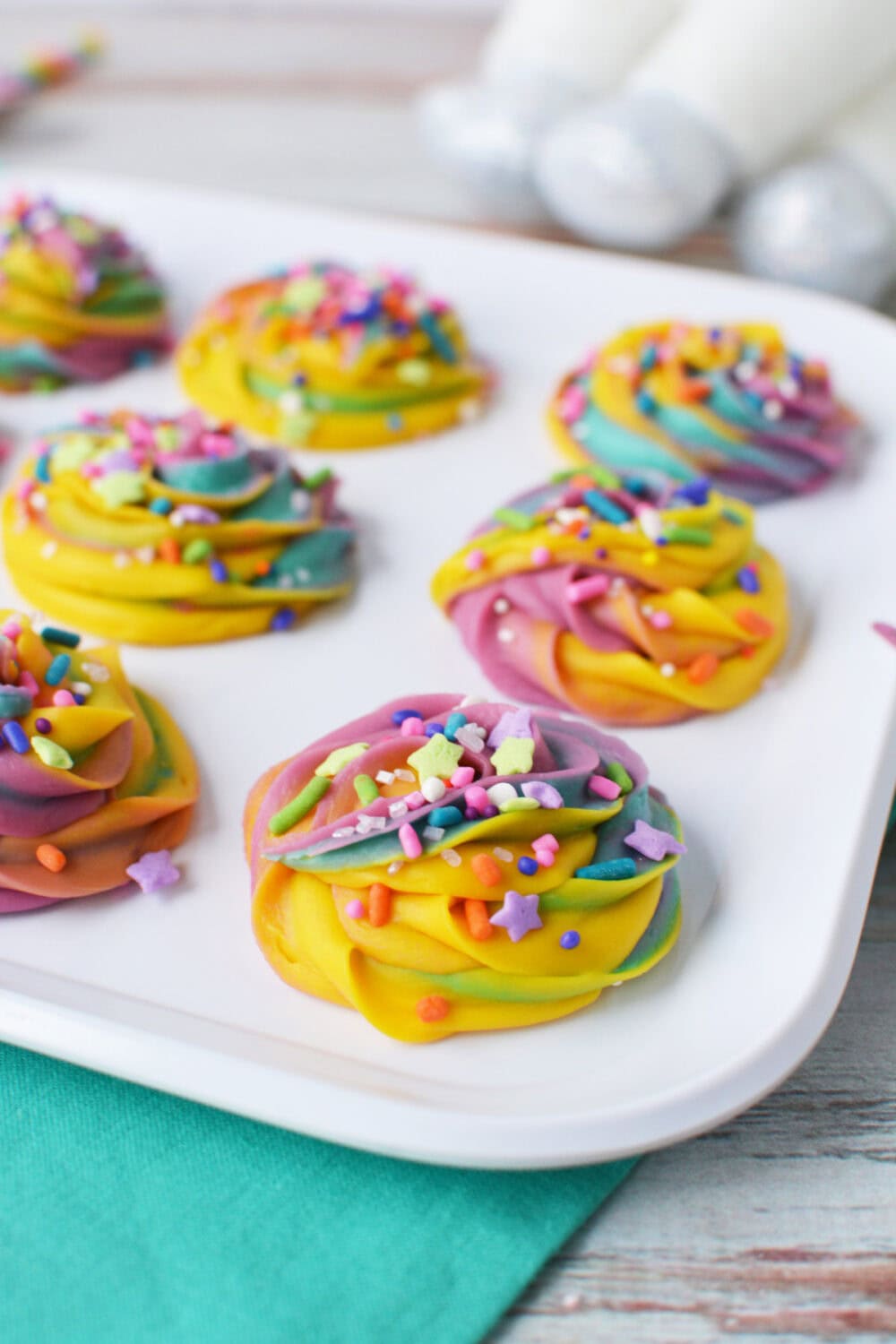 Unicorn poop fudge on a tray.
