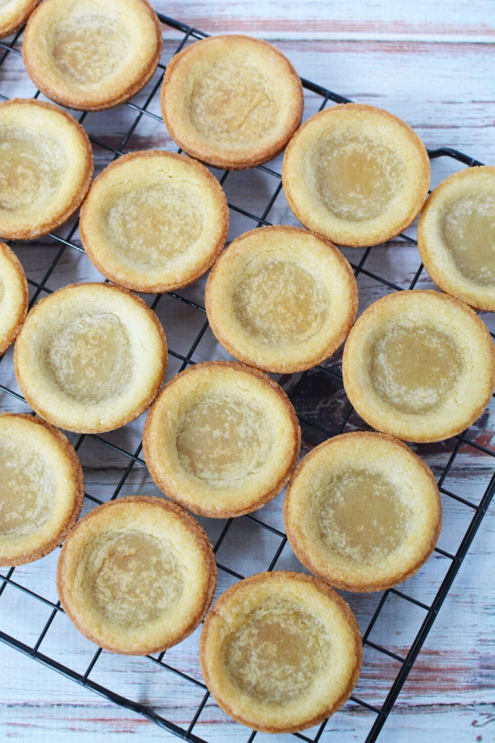 Crusts after baking and shaping on a wire rack.