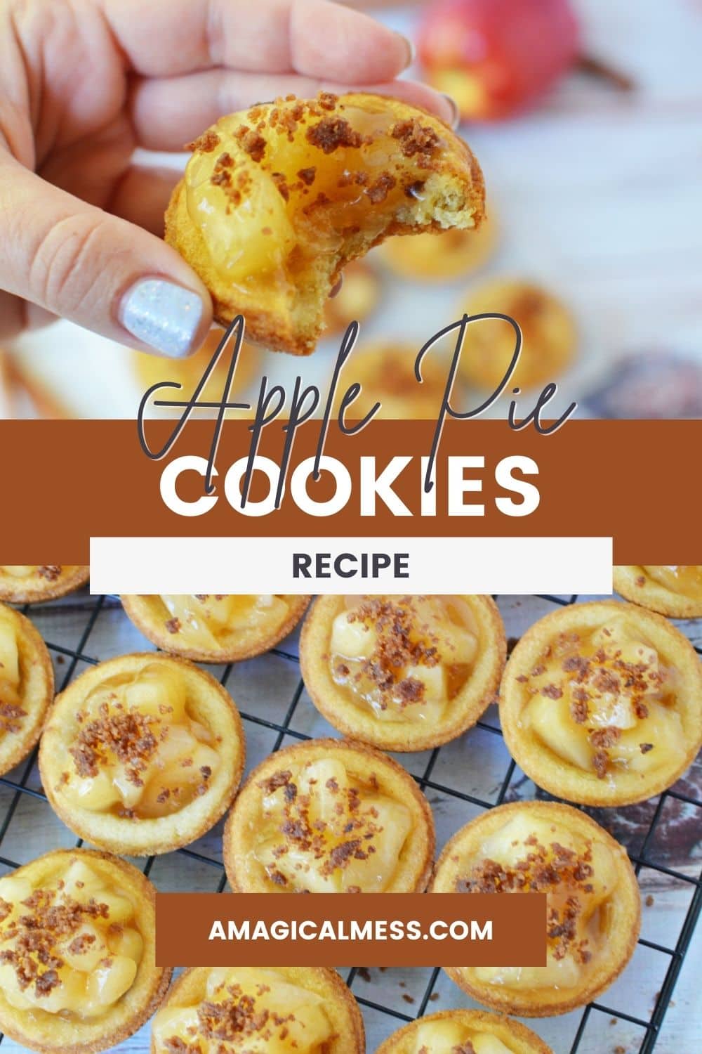 Holding and apple pie cookie and the rest of them on a wire rack.