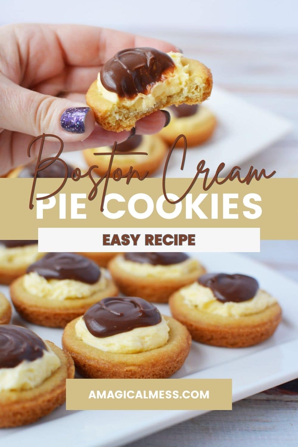 Holding a Boston cream pie cookie with a bite missing the rest on a the plate.