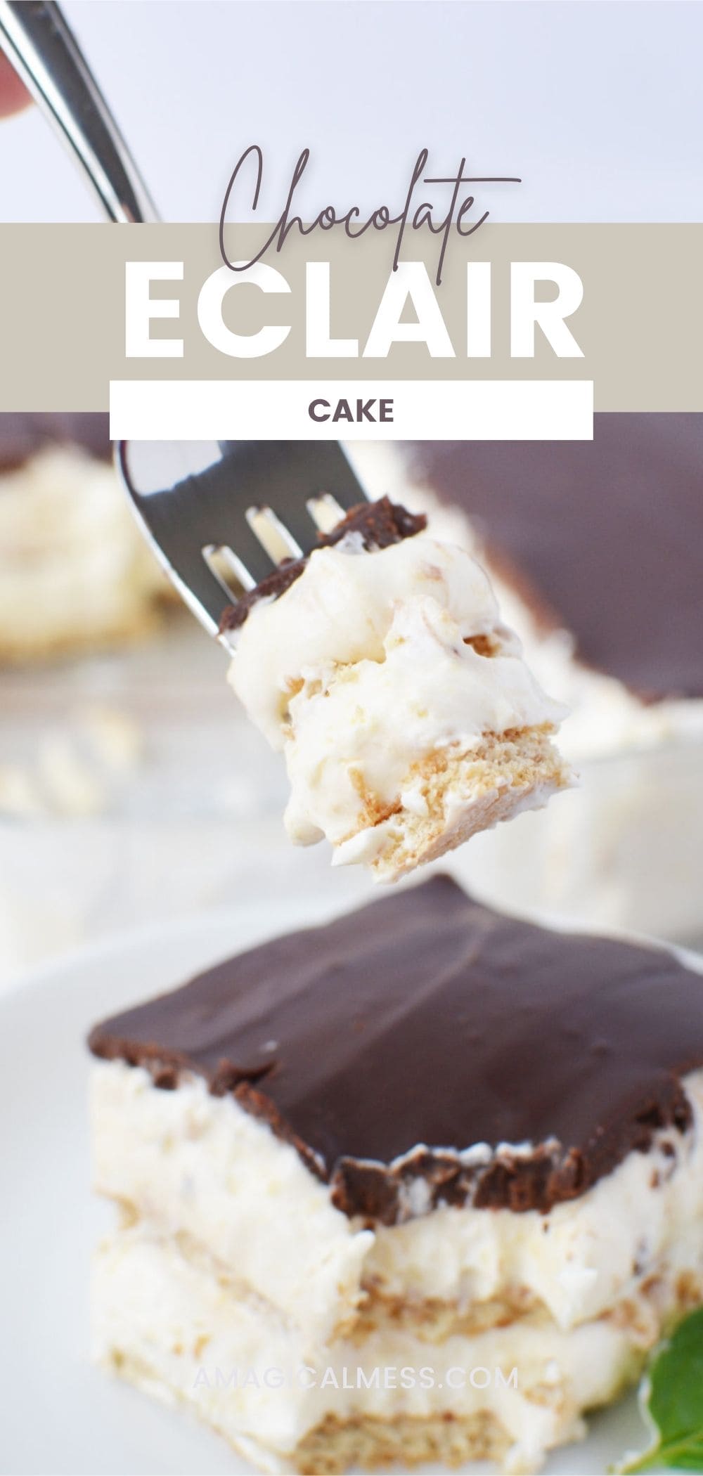 A fork full of eclair cake lifted over the cake on a plate.