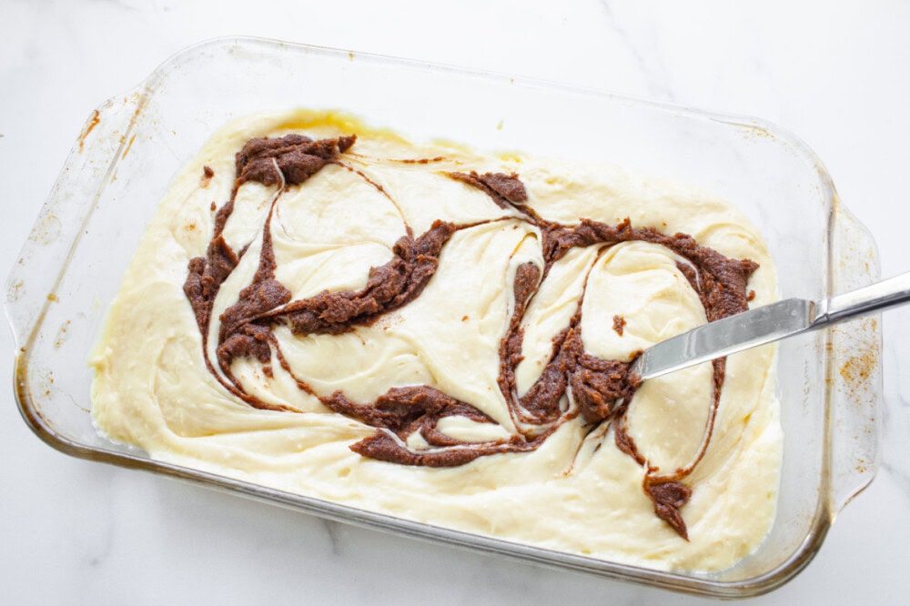 Swirling filling into cake batter.