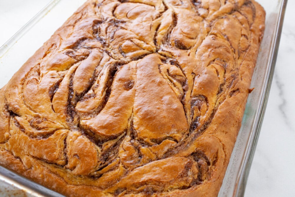 Baked cinnamon roll cake.