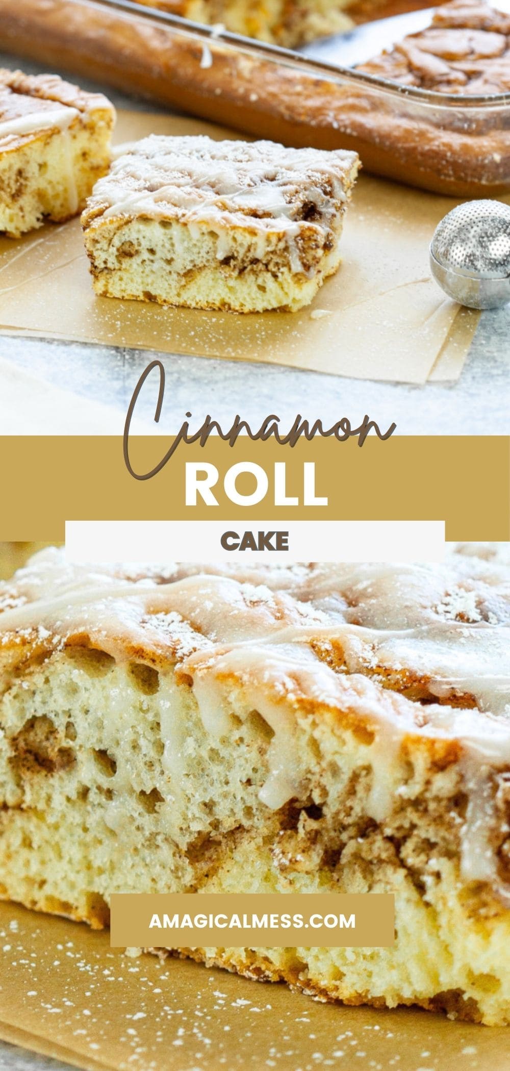Cinnamon roll cake sliced on a board.