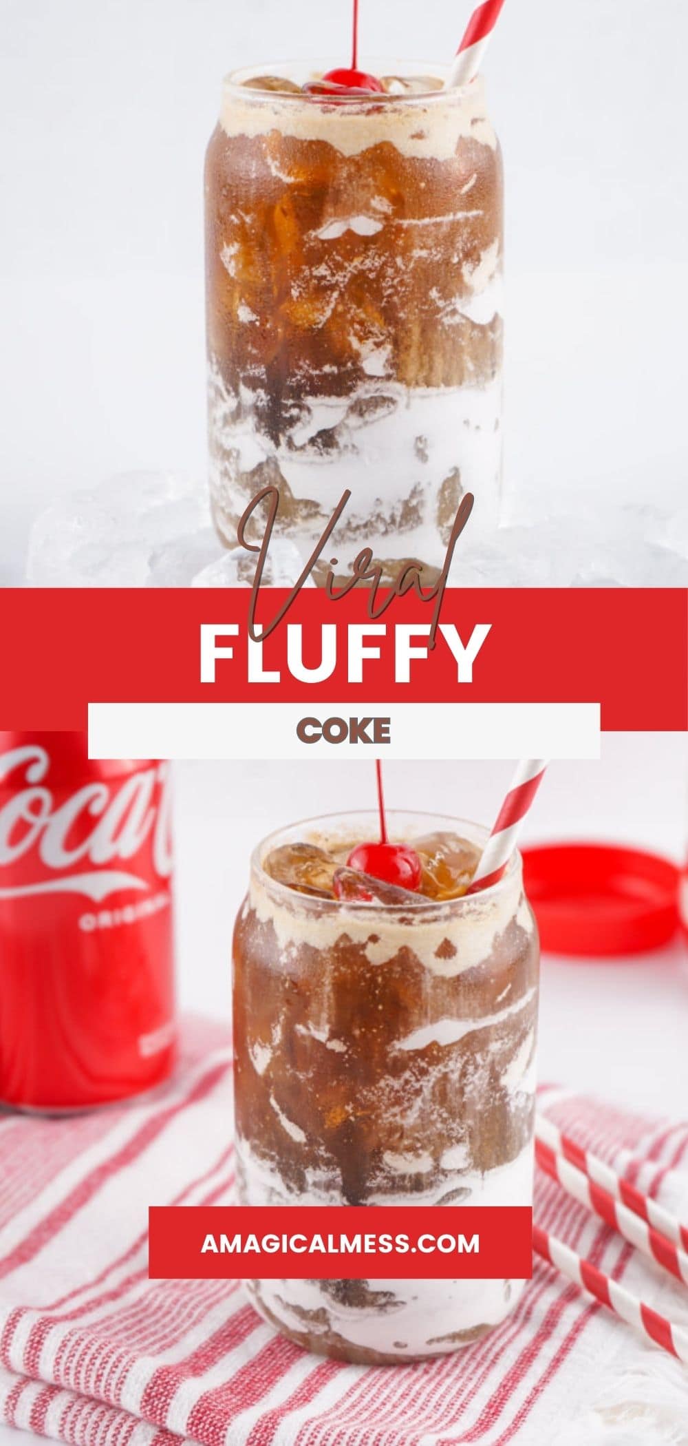 Glass of Fluffy Coke topped with a cherry and straw.