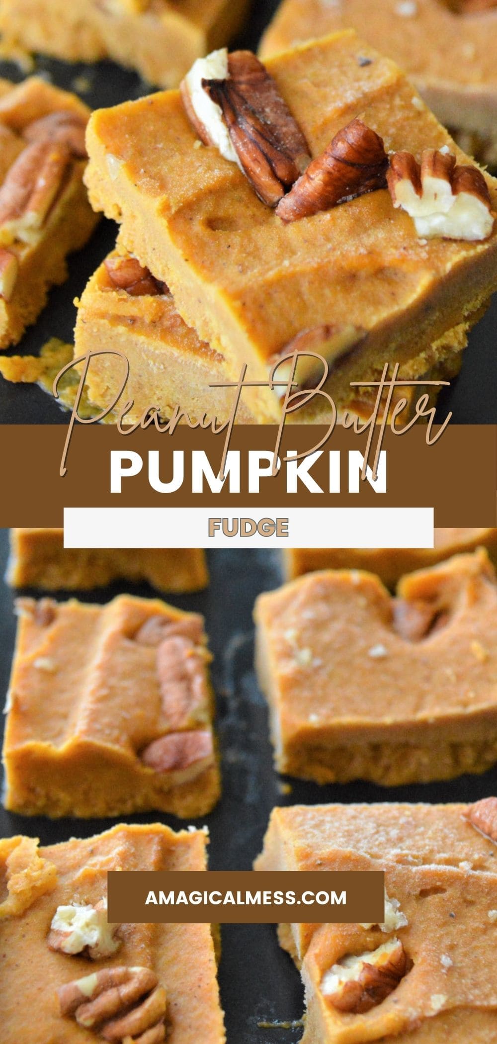 Pumpkin peanut butter fudge slices stacked.