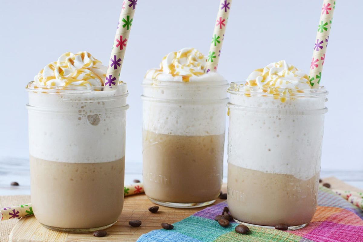 Three glasses of caramel frappuccino.