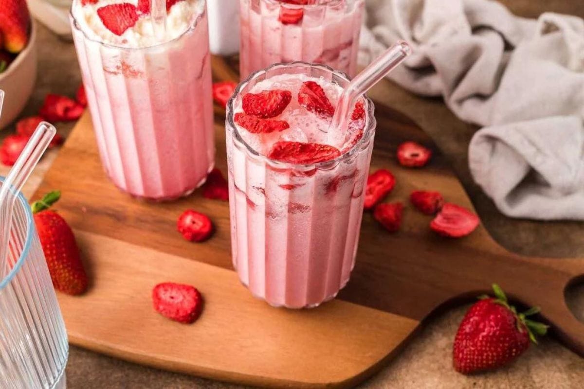 Two pink drinks in glasses.