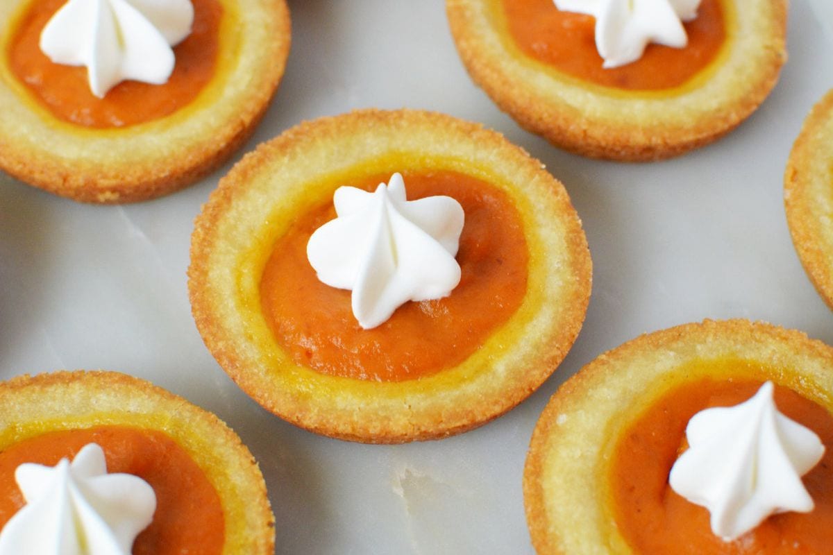 Pumpkin pie cookies with whipped cream toppings.