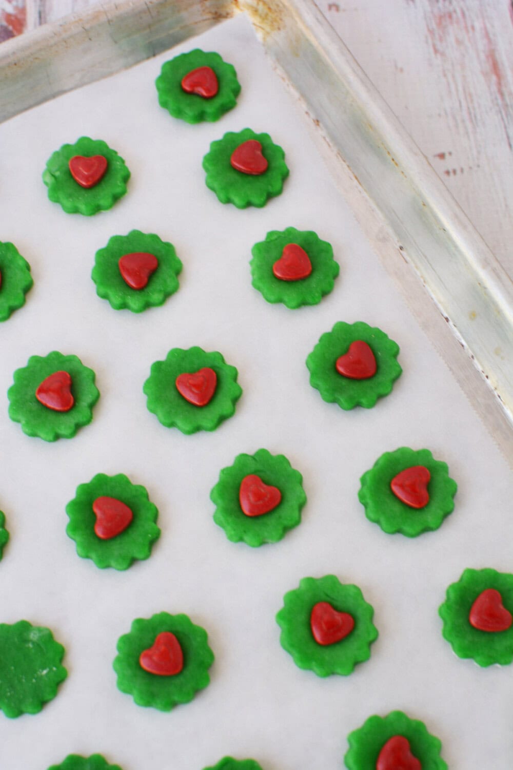 Grinch bites on a baking sheet.