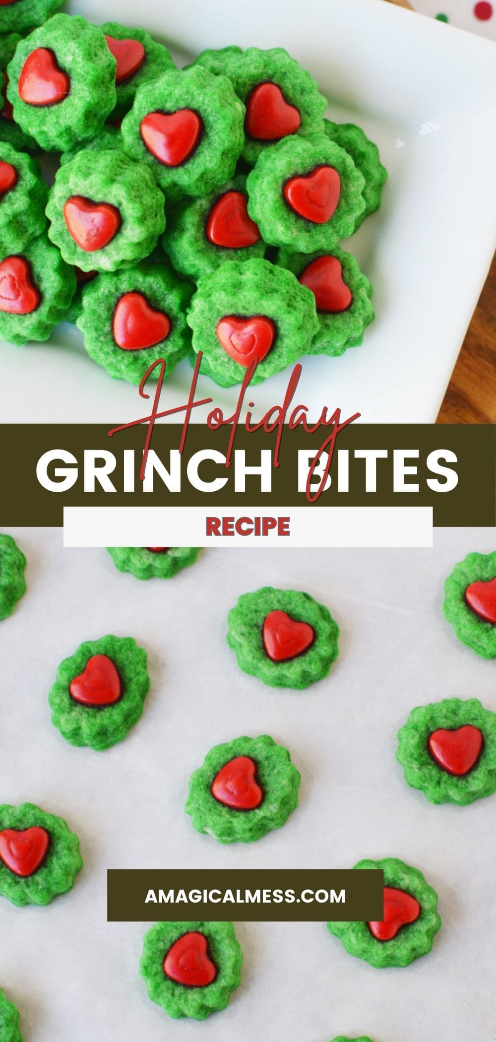 Mini Grinch cookies on a tray and on a baking sheet.