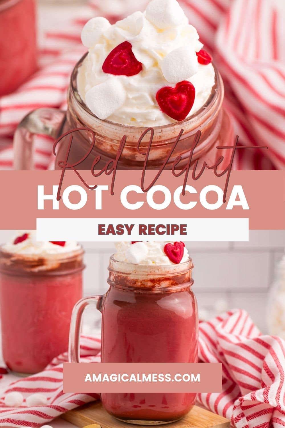 Red hot chocolate in jars with whipped cream and heart sprinkles.