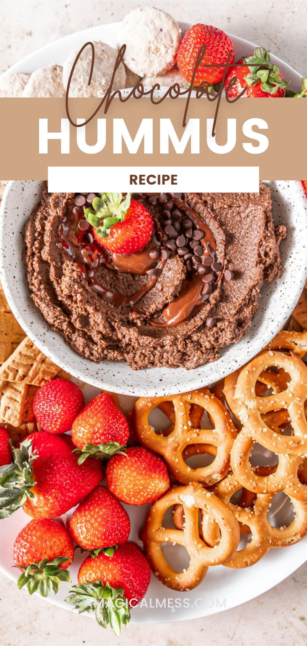 Chocolate hummus in a bowl with pretzels and strawberries around it.