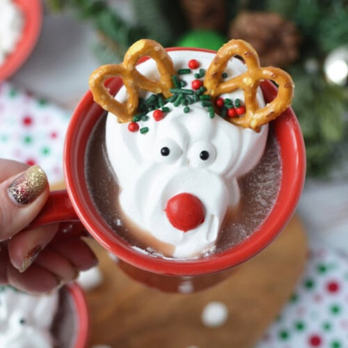 a person holding a mug of hot chocolate with marshmallows and pretzels