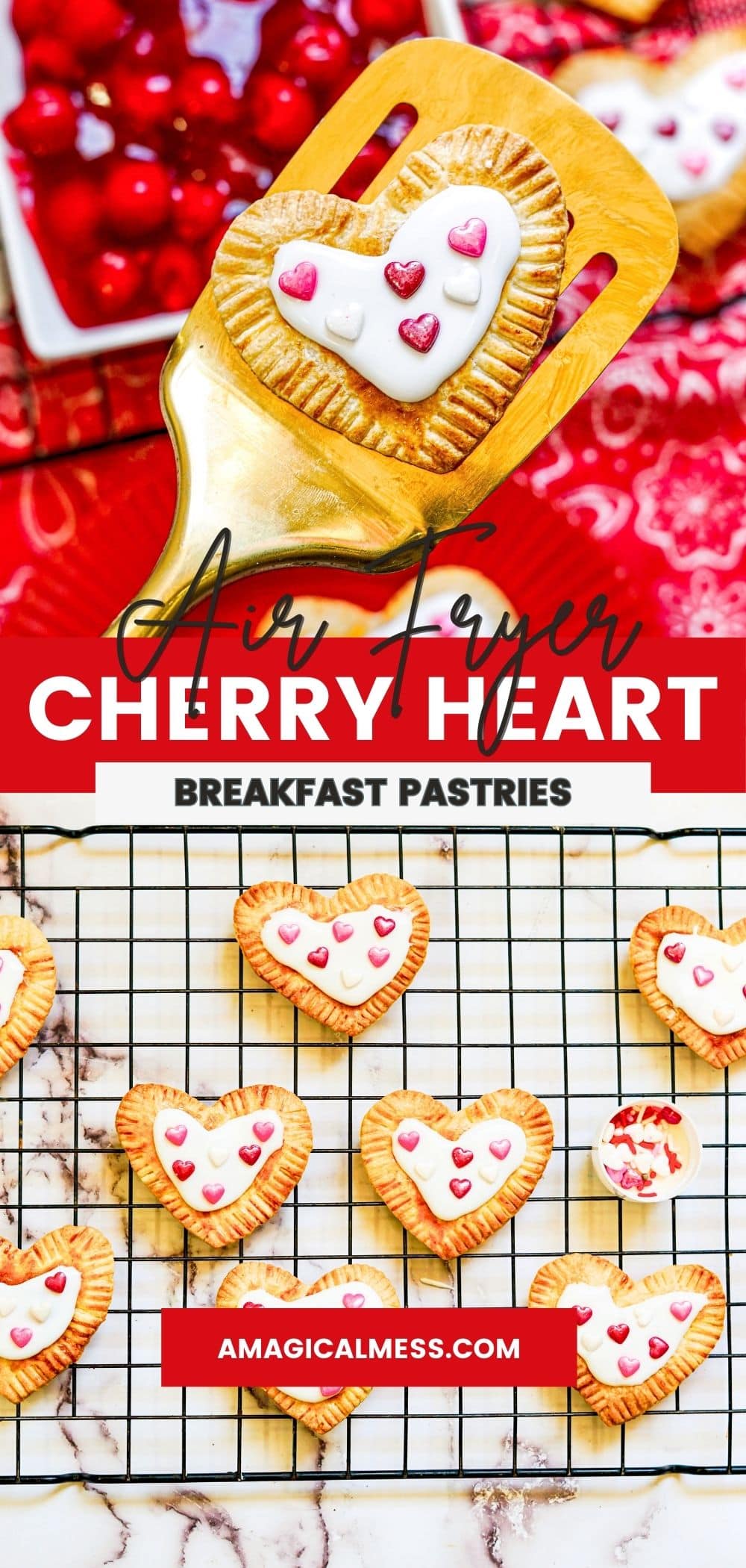 A gold spatula with a heart pastry, and a rack filled with them.