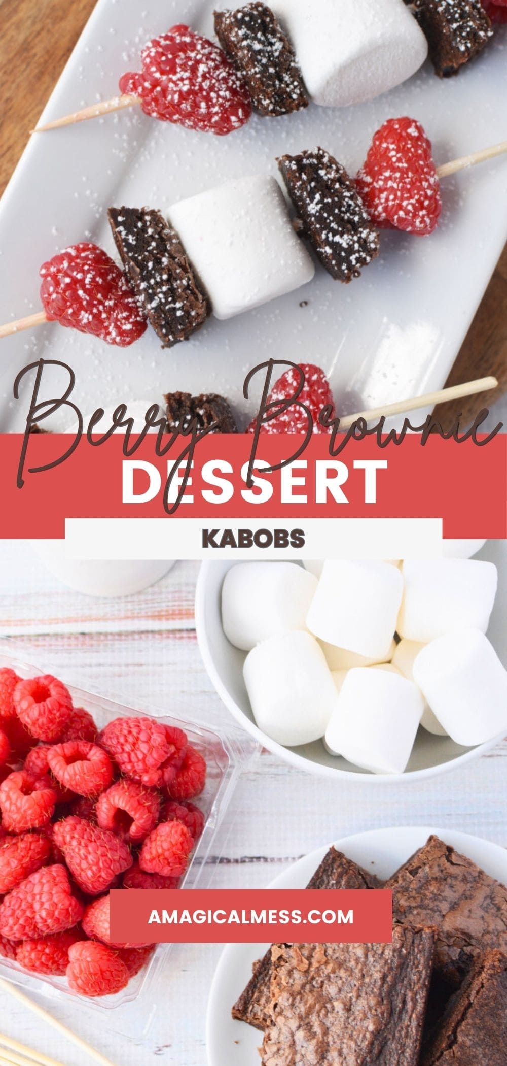 Brownie skewers and bowls of marshmallows, raspberries, and brownies.