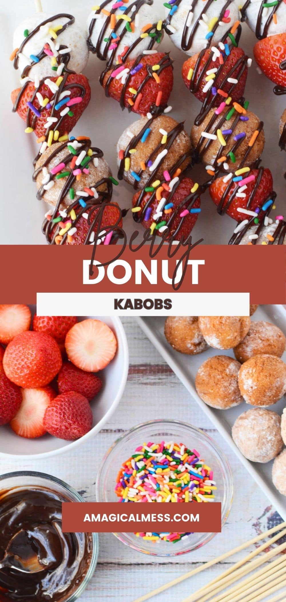 Donut hole skewers on a tray and bowls of ingredients.