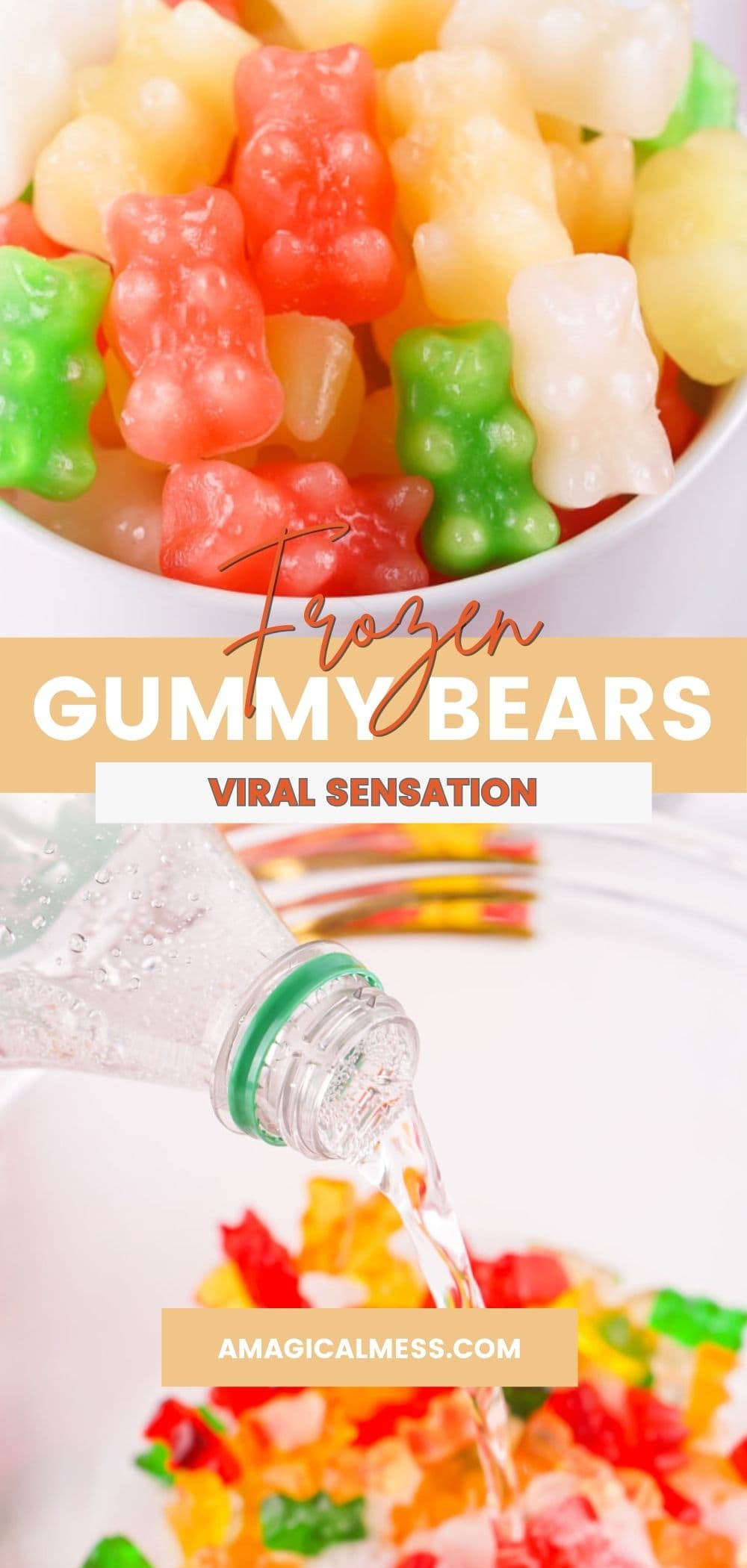 Pouring Sprite over gummy bears and a bowl of frozen gummies.
