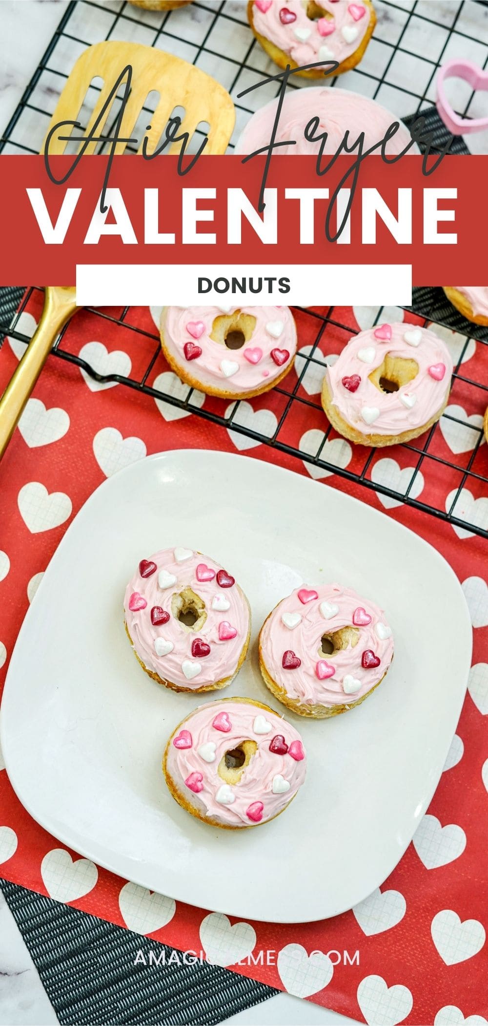 Mini donuts with pink frosting and Valentine's Day sprinkles.