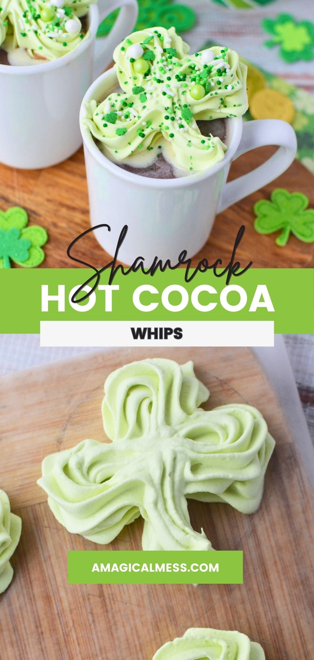 Shamrock whipped cream on top of a mug full of hot cocoa.