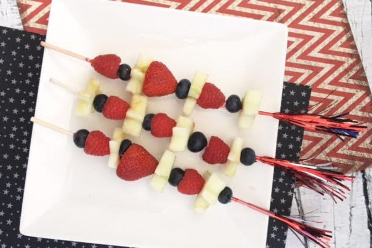fruit layered on skewers