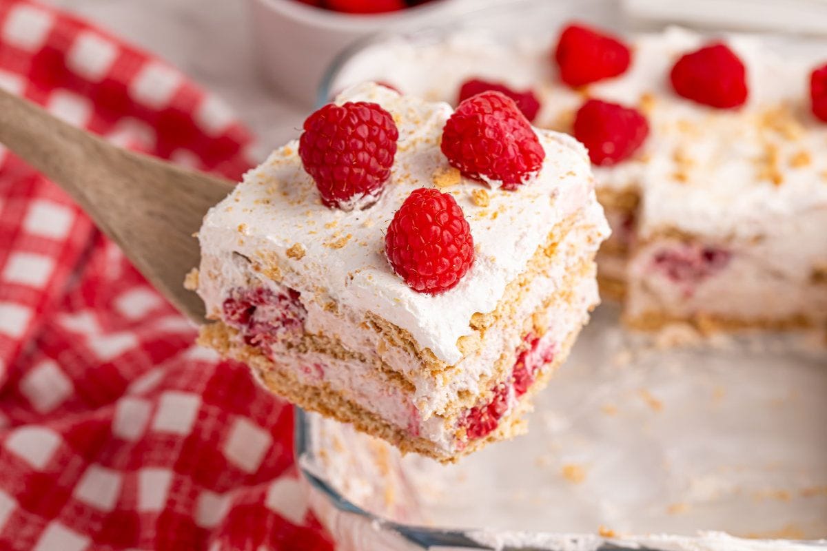 raspberry icebox cake in a slice