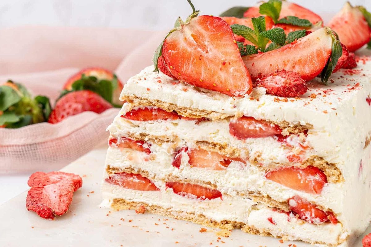 Slice of strawberry icebox cake