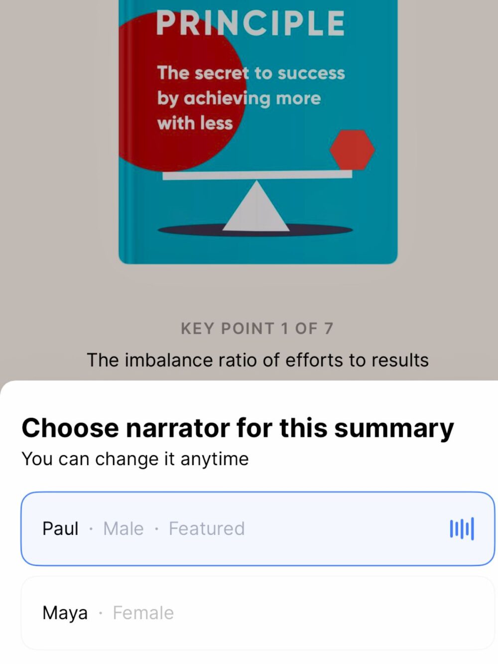 You can choose the narrator on the Headway app