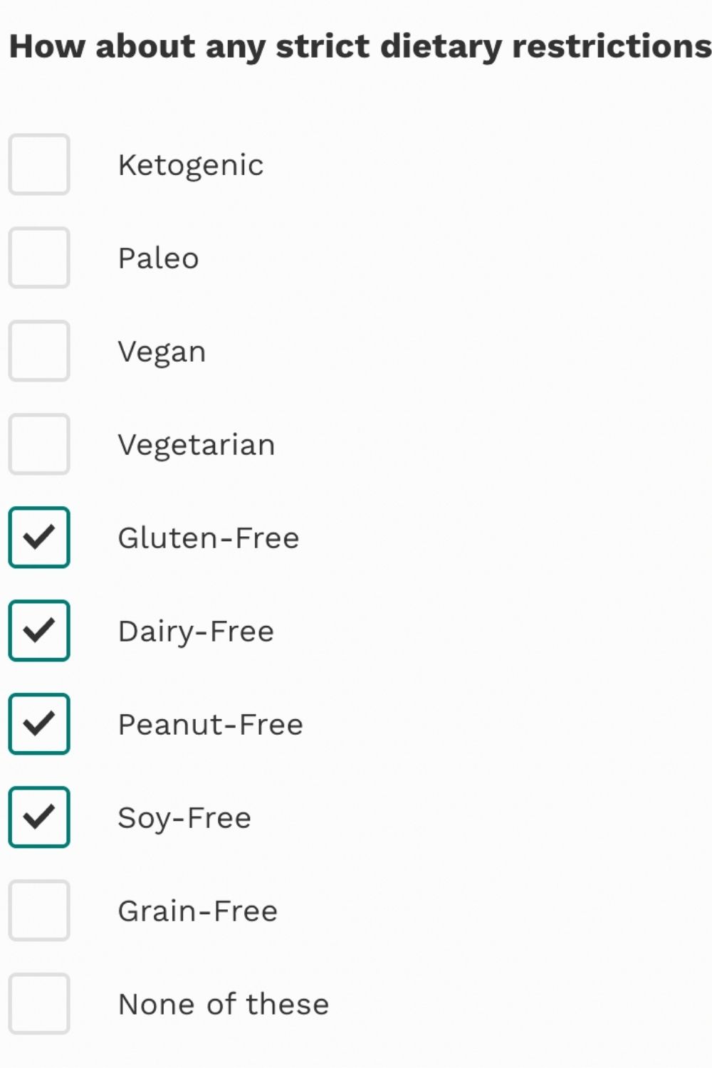 Dietary restrictions checkboxes from Thrive market.