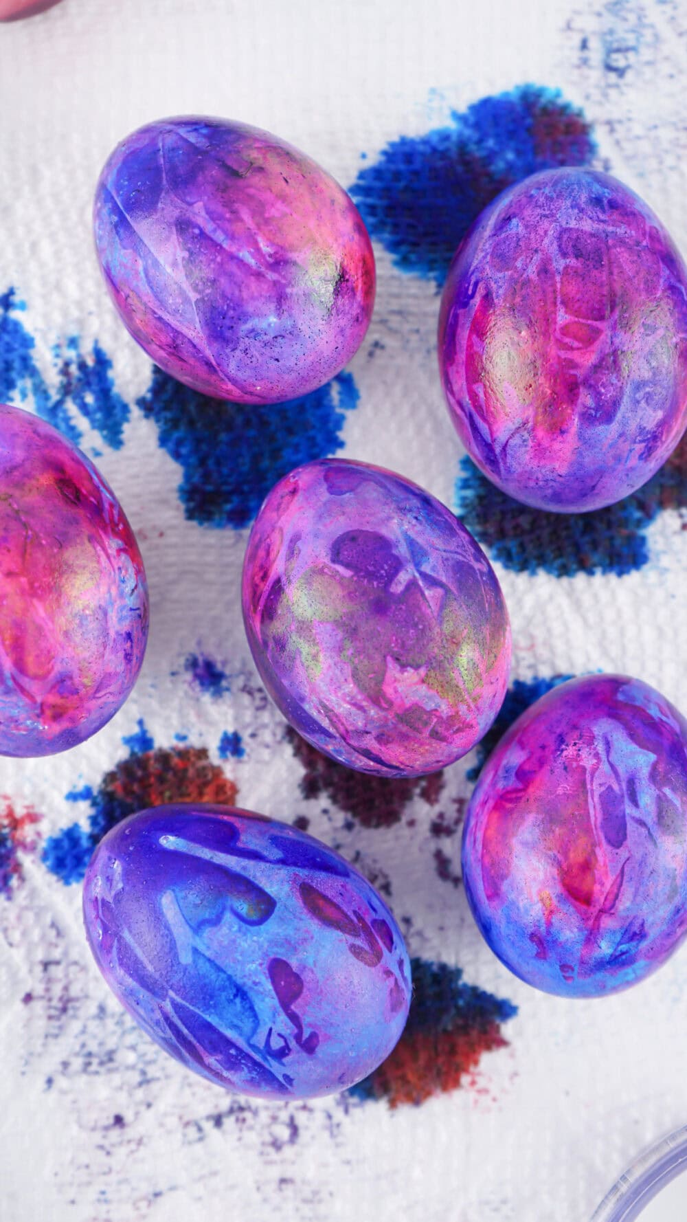 Dyed eggs on a paper towel