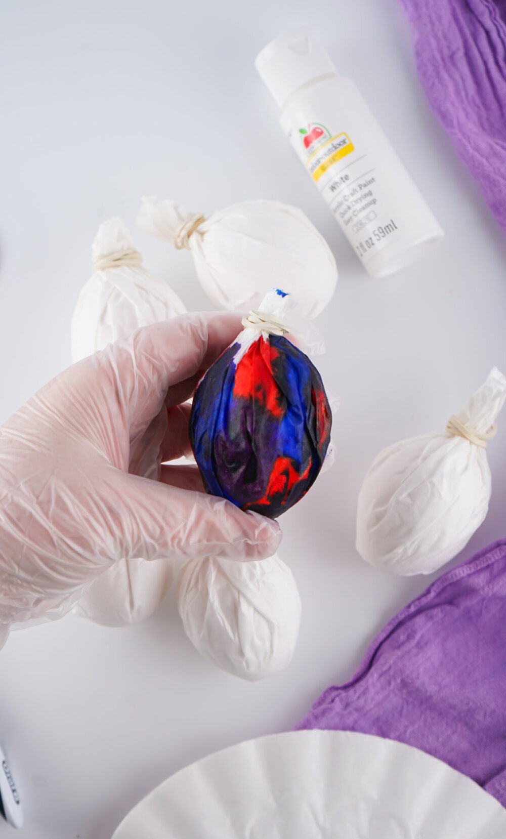 Dyed egg in a coffee filter
