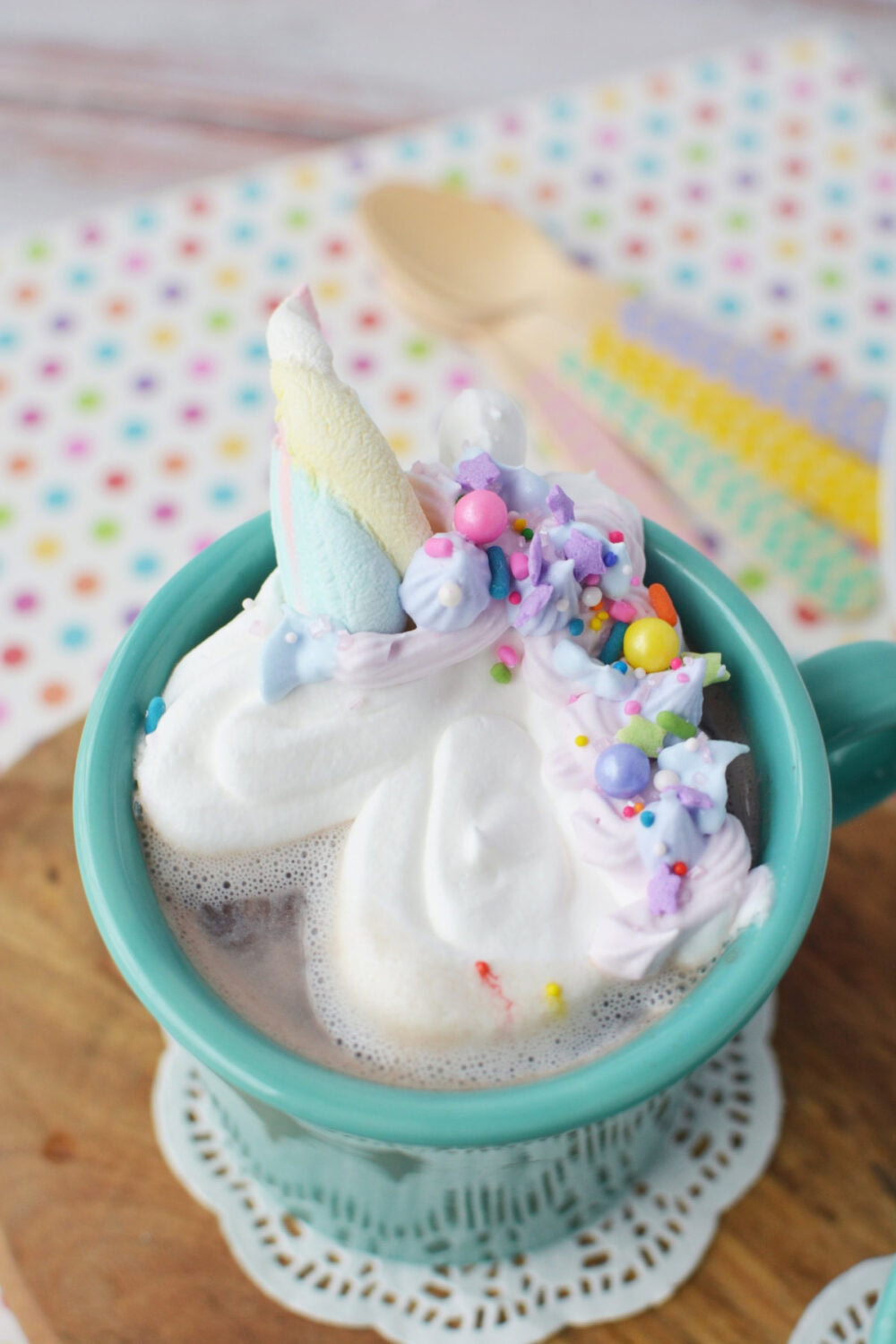 Whipped topping unicorn in a hot chocolate mug
