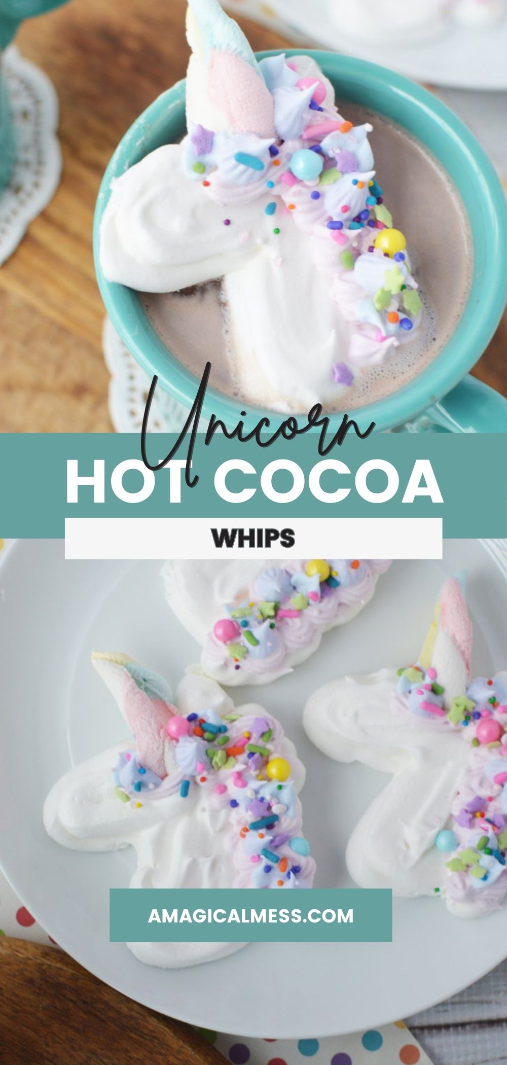 Unicorn whipped cream toppers on hot chocolate.