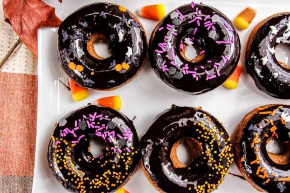 gingerbread donuts with chocolate glaze and Halloween sprinkles