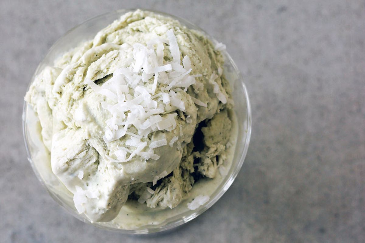 matcha ice cream topped with coconut shreds